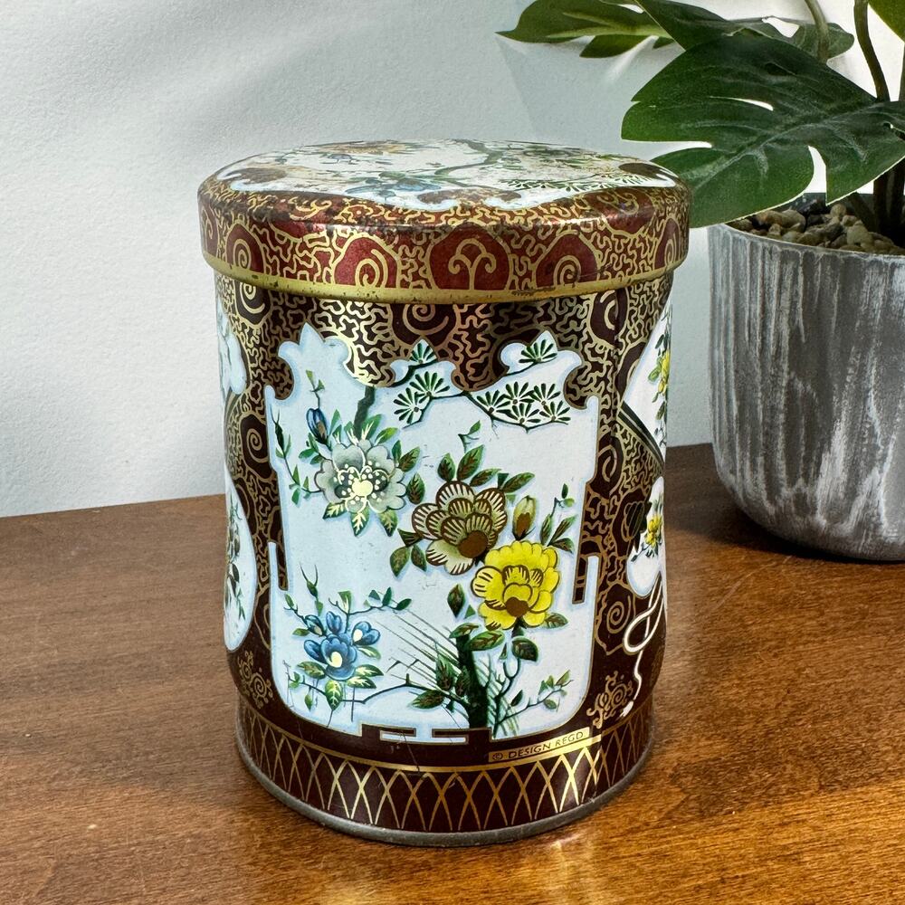 Vintage Daher Decorated Ware Tin Box Made in England Chinoiserie Floral Pattern
